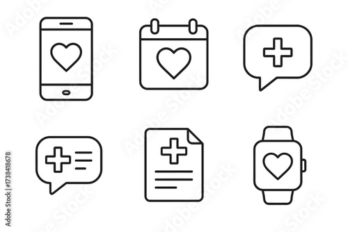 Healthcare icons set: smartphone, calendar, chat, document, smartwatch with hearts and crosses
