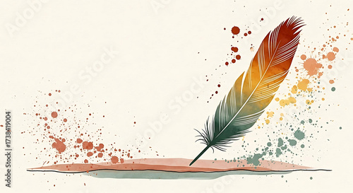 Vibrant feather illustration with watercolor splashes on light background.
