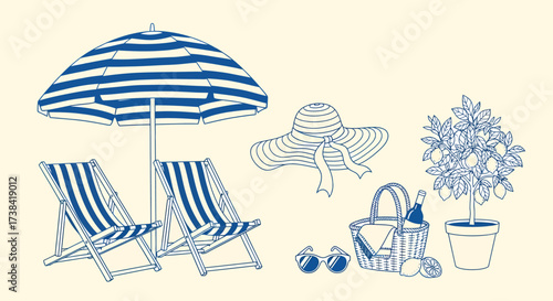 A collection of blue line art summer vacation items, including a striped beach umbrella, chairs, sun hat, and picnic basket.