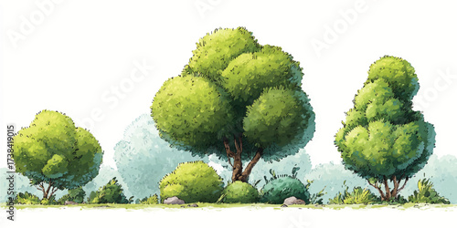 Whimsical Cartoon Landscape with Green Trees and Shrubs Depicting a Peaceful Environment for Children