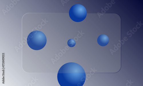 Glass morphism website landing page template. Presentation screen with glass overlay effect on floating gradient spheres. Frosted glass effect on dark background. Vector illustration