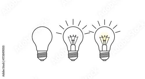 Three light bulbs in a row, showing the progression from unlit to fully illuminated.