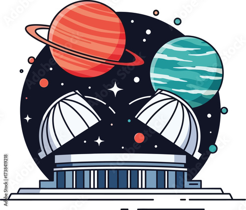 Vector art of astronomical observatory with planets in cartoon illustration