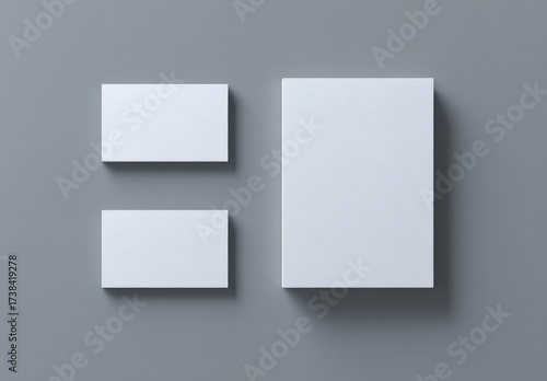 Isolated, top-down shot of two rectangular cards and a larger, vertical rectangle on grey