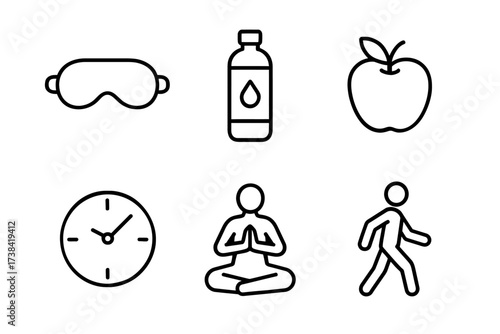 Healthy lifestyle icons: sleep, hydration, nutrition, time, meditation, walking
