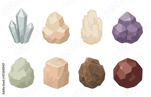 Eight colorful gemstones: crystals and minerals with unique shapes and hues