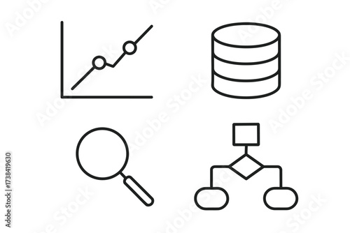 Data science icons: graph, database, magnifying glass, flowchart