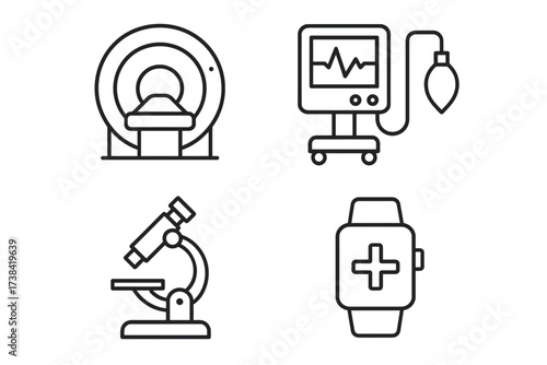 Medical equipment icons: mri scanner, heart monitor, microscope, smartwatch