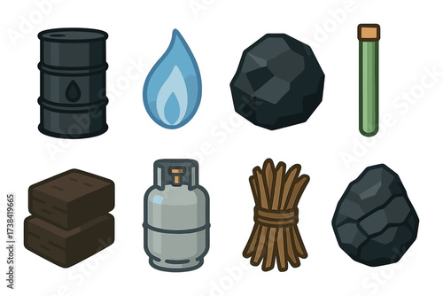 Energy resources: oil barrel, gas flame, coal, and biofuel icon set