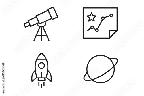 Outline icons of telescope, constellation map, rocket, and saturn planet