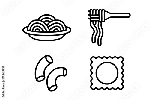 Outline icons of spaghetti, noodles, macaroni, and ravioli in black and white