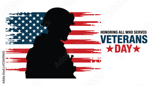 Veterans Day soldier silhouette with American flag background, honoring all who served, patriotic tribute for U.S. military remembrance