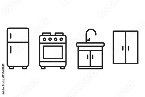 Simple line art icons of kitchen appliances and furniture