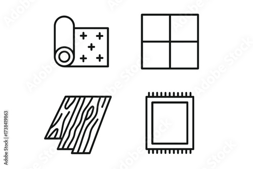 Set of flooring icons: carpet, tile, wood, rug - minimalist design