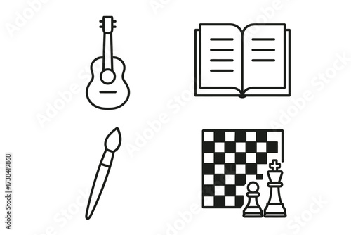 Guitar, book, paintbrush, chessboard: music, reading, art, strategy icons