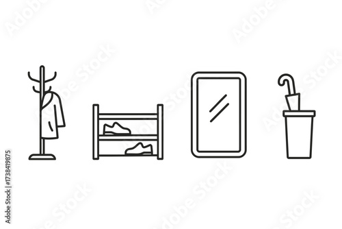 Minimalist line icons of coat rack, shoe rack, wall mirror, and umbrella stand