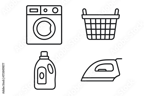 Laundry icons: washing machine, basket, detergent, iron line art