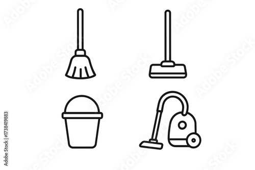 Outline icons of broom, mop, bucket, vacuum cleaner for cleaning