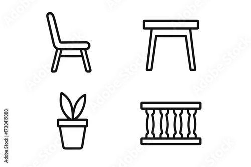 Minimalist icons of chair table plant and balcony designs