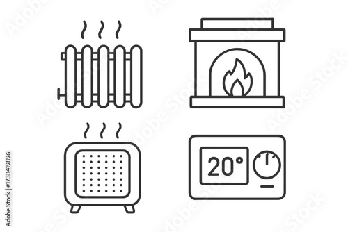 Home heating solutions: radiator, fireplace, heater, thermostat icons