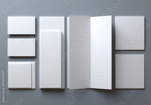Mockup of stationary set with blank business cards, brochures, and square elements on gray