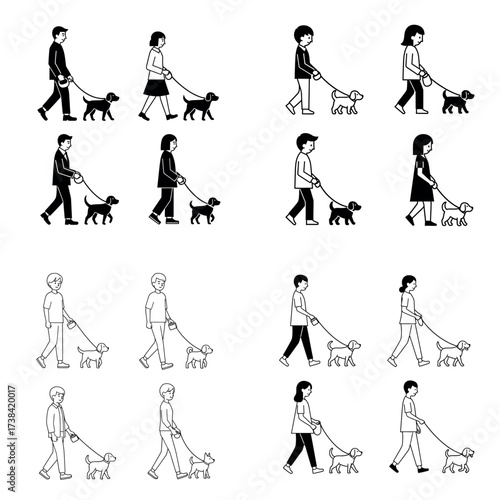 A diverse set of vector icons showing men and women walking their pet dogs on a leash, depicted in both solid and line art styles