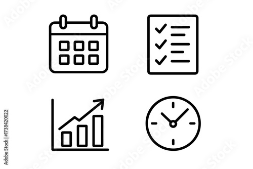 Calendar, checklist, graph, and clock icons for time management and planning