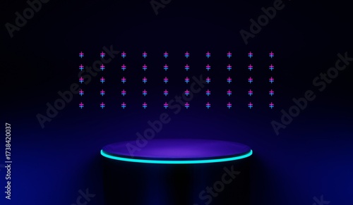 3d illustration rendering of y2k 2000s gaming technology futuristic fantasy metaverse cyberpunk sci-fi display podium pedestal stage room abstract background in neon-glow