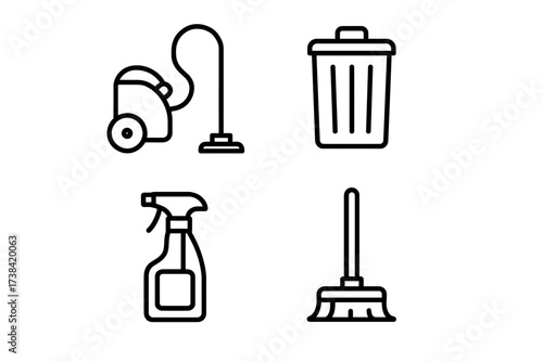 Set of cleaning equipment icons: vacuum, trash bin, spray bottle, broom