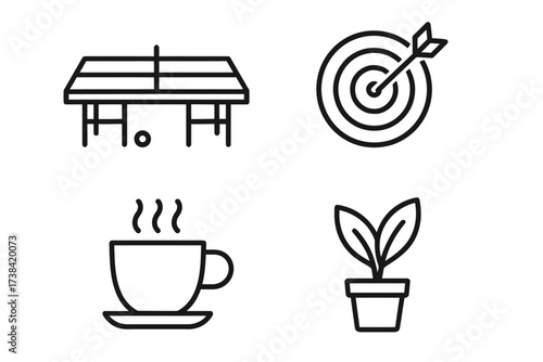 Line icons: ping pong table, archery target, coffee cup, potted plant