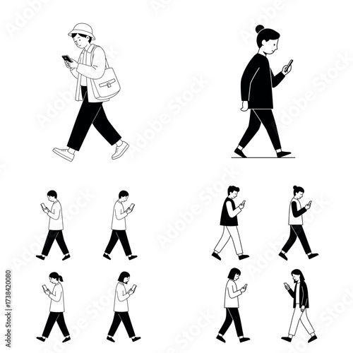 Line art characters walking while glued to their phones depicting modern technology habits