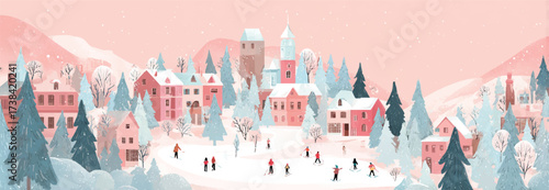 Winter Village Landscape Scene with Skiers and Pastel Houses in a Snowy Mountain Setting for Holiday Season