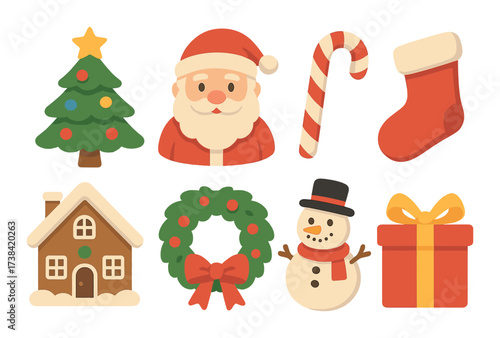 Festive christmas icons: santa, tree, candy cane, stocking, gingerbread house, wreath, snowman, gift
