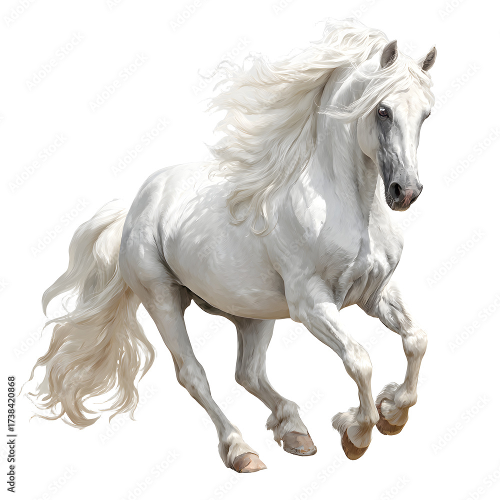 Fototapeta premium White Andalusian Horse in Graceful Pose, Elegant Animal Portrait, isolated on transparent background