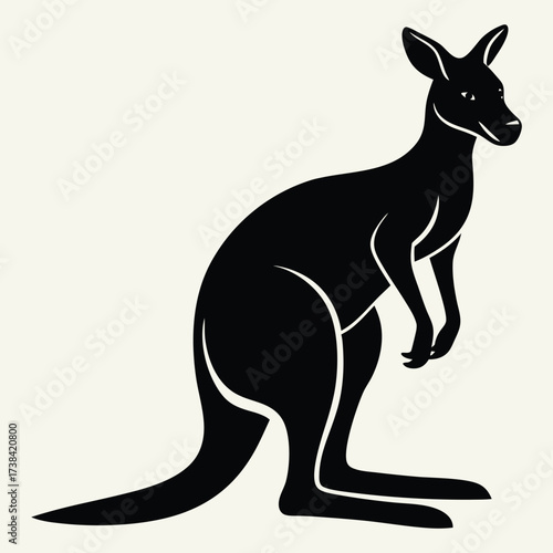 Stylized black silhouette of a kangaroo standing upright against a light background