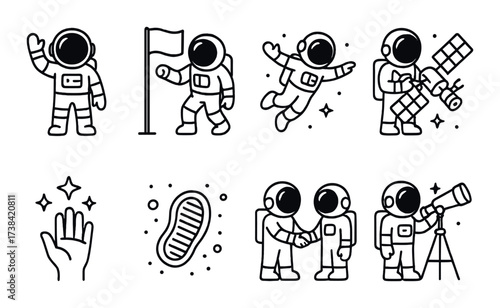 Space exploration icons: astronauts, flags, telescopes, and spacecrafts