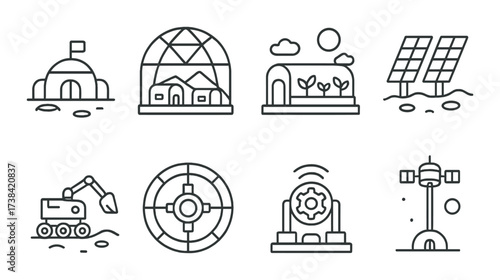 Futuristic colony icons: dome, greenhouse, solar panels, excavator, target, mechanism, satellite