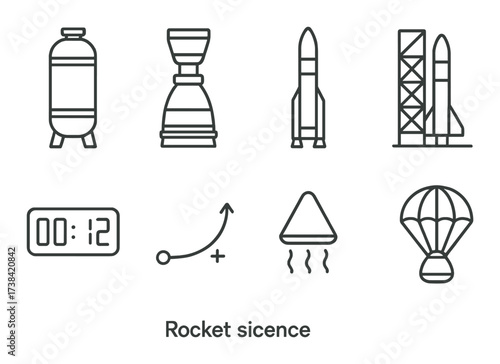 Rocket science symbols: engines, launch, parachute, countdown, trajectory, space technology
