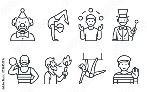 Circus performers: clown, acrobat, juggler, ringmaster, strongman, fire eater, trapeze artist, mime