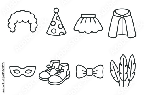 Costume party accessories: wig, hat, skirt, cloak, mask, boots, bowtie, feathers