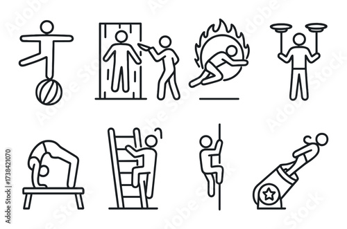 Circus performers: unicycling, knife throwing, fire jumping, acrobatics, pole climbing, human cannonball