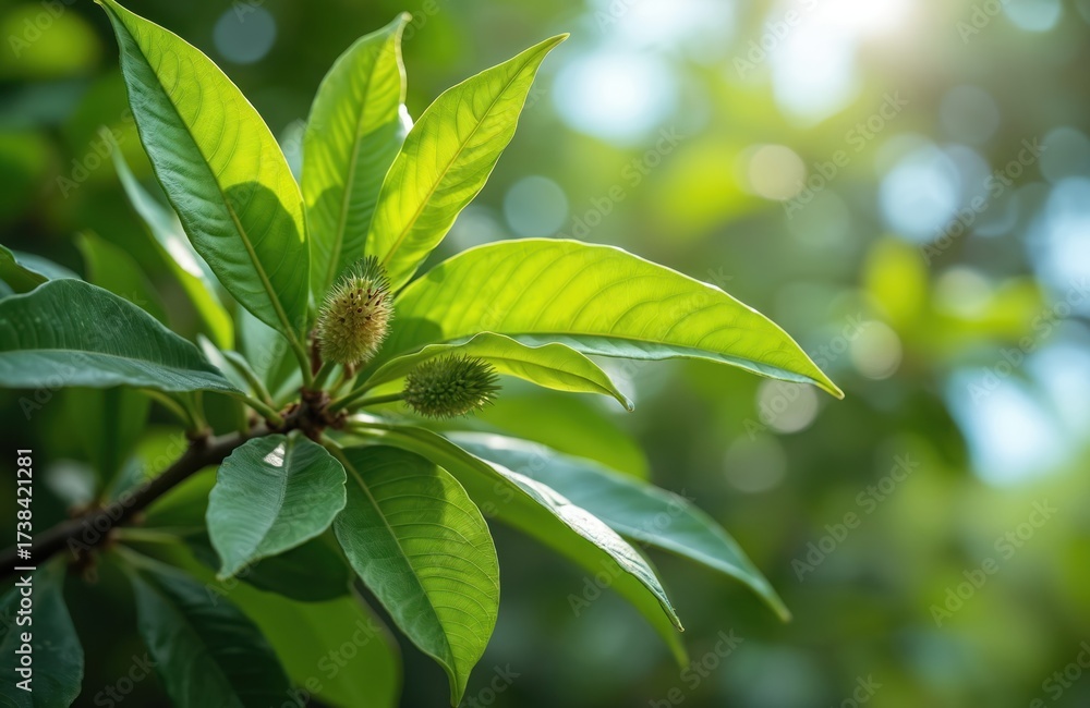 Obraz premium Close up of clove leaves on a tree branch with fresh green leaves and buds. Clove is known as a spice and a cooking ingredient. Botanical photo of Syzygium aromaticum