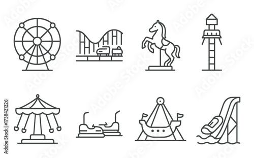 Amusement park icons set featuring ferris wheel roller coaster carousel bumper cars