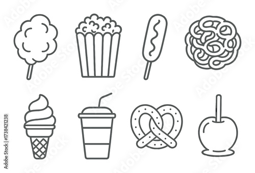 Outline icons: cotton candy, popcorn, corn dog, spiral potato, ice cream, drink, pretzel, candy apple
