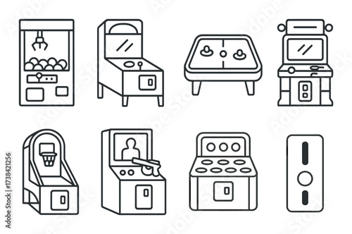Retro arcade game icons set with pinball, air hockey, and claw machine
