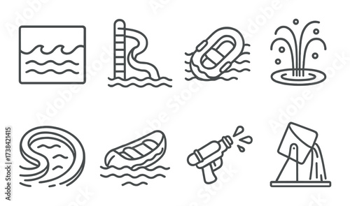 Water park activity icons set featuring slides, pools, and rafting symbols