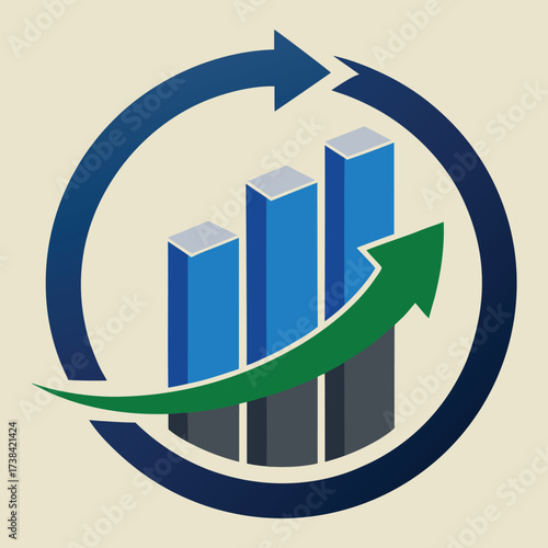 Circular arrows surrounding a 3d bar graph with a green upward trending arrow