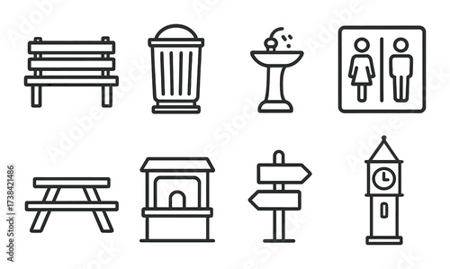 Park icons set: bench, trash, fountain, restroom, picnic, water, sign, clock