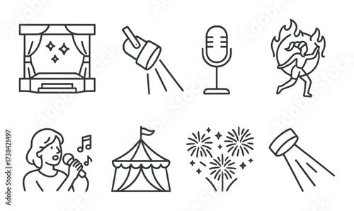 Performance icons: stage, microphone, dance, singing, lights, tent, fireworks