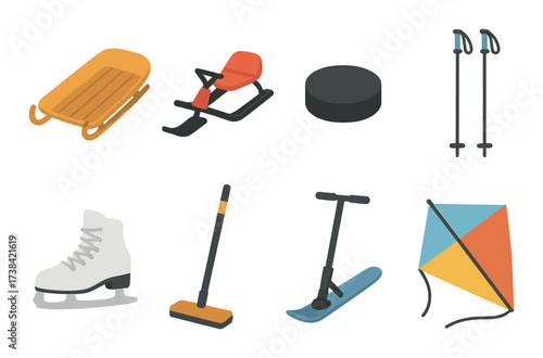 Winter sports equipment collection featuring sled, skiing accessories, and ice skating gear